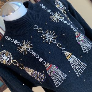 Vintage Marisa Christina rhinestone bead tassel black sweater holiday medium